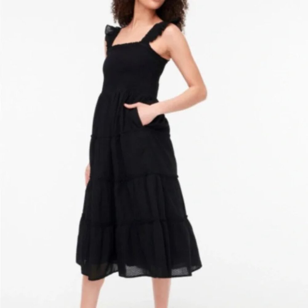 J. Crew Midi Dress Size Medium Black Tiered Smocked Square Neck